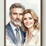 Middle-aged Couple Watercolor AI Art Editing Prompt. AI generated watercolor portrait of a smiling middle-aged man in a suit and a blonde woman in a light-colored shirt.