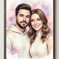 Watercolor Couple Portrait AI Photo Editing Prompt. AI generated watercolor illustration of a smiling young couple posed together against a soft pink heart-patterned background.
