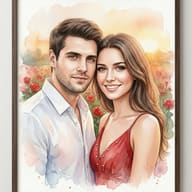 Watercolor Couple Portrait AI Photo Editing Prompt. AI generated digital watercolor illustration of a smiling young couple in a romantic setting with red roses inside a wooden frame.