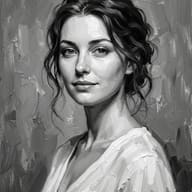 Grayscale Wavy Hair Woman Portrait AI Photo Editing Prompt. AI generated digital oil painting portrait of a woman with wavy hair and textured brushstrokes.