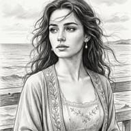 AI generated pencil sketch illustration of a young woman with flowing wavy hair and an embroidered robe standing near a seaside railing.