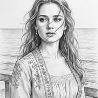 Woman Pencil Sketch AI Photo Editing Prompt. AI generated pencil sketch illustration of a young woman with flowing hair and a floral embroidered top standing by an ocean railing.