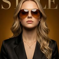 AI generated fashion portrait of a blonde woman wearing aviator sunglasses and a black blazer against a golden background with "STYLE" typography.