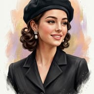 Woman in Black Beret AI Photo Editing Prompt. AI generated digital illustration of a smiling woman with curly hair wearing a black beret and pearl earrings.