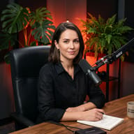 Woman in Podcast Studio AI Photo Editing Prompt. AI generated studio portrait of a woman in a black shirt sitting at a wooden desk with a professional microphone and indoor plants.