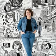 Woman in Denim with Manga Background Portrait Prompt. AI generated digital illustration of a smiling woman in a denim jacket posing against a black-and-white manga comic collage featuring her daily life adventures.