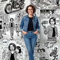 Woman with Manga Collage AI Photo Editing Prompt. AI generated digital illustration of a woman in denim standing before a black-and-white manga background depicting various lifestyle scenes.