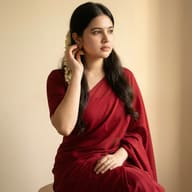Woman in Red Saree AI Photo Editing Prompt. AI generated portrait of a woman in a maroon saree with jasmine flowers and gold jhumkas.