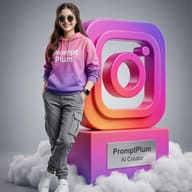Woman with 3D Instagram Logo AI Photo Editing Prompt. AI generated 3D digital illustration of a stylish woman in a gradient hoodie leaning against a large Instagram icon on a labeled pedestal surrounded by clouds.