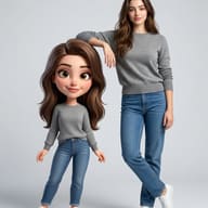 Woman and Miniature 3D Avatar Prompt. AI generated digital illustration of a realistic young woman in a grey sweater and jeans leaning on her stylized cartoon miniature avatar.