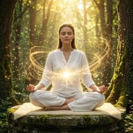 Woman Meditating in Enchanted Forest AI Photo Editing Prompt. AI generated digital art of a woman in white sitting on a mossy stone with glowing energy at her heart in a sunlit woodland.