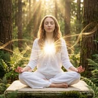 Woman Meditating in Sunlit Forest AI Photo Editing Prompt. AI generated digital art portrait of a woman in white meditating in a sunlit forest with radiant golden light emanating from her chest.