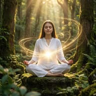 Meditating Woman in Sunlit Forest AI Photo Editing Prompt. AI generated digital illustration of a woman in white clothes meditating on a mossy rock with a glowing heart and swirling golden energy trails.