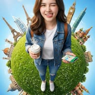 Woman on Tiny Planet with World Landmarks Prompt. AI generated digital illustration of a playful woman holding coffee and a smartphone while standing on a grassy tiny planet surrounded by famous global landmarks.