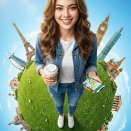 AI generated digital illustration of a smiling woman standing on a grassy mini-globe surrounded by iconic international landmarks while holding a coffee and a smartphone.
