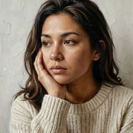 Realistic Oil Painting Prompt. AI generated oil painting portrait of a woman with dark wavy hair resting her chin on her hand while wearing a white cable-knit sweater.