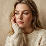 AI generated digital oil painting portrait of a blonde woman in a white knit sweater resting her chin on her hand with a thoughtful gaze.