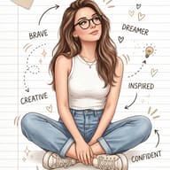 Inspirational Woman with Doodles AI Photo Editing Prompt. AI generated digital illustration of a young woman in glasses sitting cross-legged on ruled paper surrounded by inspirational hand-drawn words and artistic doodles.