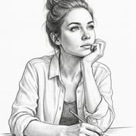 Thoughtful Woman Pencil Sketch Prompt. AI generated pencil sketch illustration of a young woman with a hair bun leaning on her hand while thoughtfully sketching in a notebook.