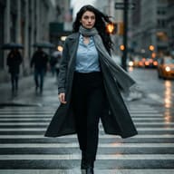 Cinematic Woman City Crosswalk AI Photo Editing Prompt. AI generated cinematic portrait of a dark-haired woman wearing a grey overcoat and scarf while walking across a rainy urban crosswalk.