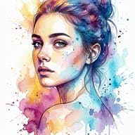 Watercolor Woman Portrait Prompt. AI generated watercolor digital illustration of a woman with a messy bun looking over her shoulder, featuring vibrant ink splashes and drips.