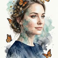 Woman with Butterflies Watercolor Art AI Photo Editing Prompt. AI generated digital illustration of a serene woman featuring monarch butterflies and wildflowers with artistic watercolor splashes.