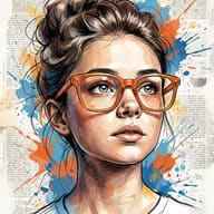 Woman with Orange Glasses and Paint Splatters AI Photo Editing Prompt. AI generated digital illustration portrait of a woman with a hair bun and orange glasses featuring artistic paint splatters and a newspaper collage background.