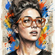 AI generated digital art portrait of a woman with a messy bun and bold orange eyewear, accented by vibrant paint splatters on a vintage newspaper background.