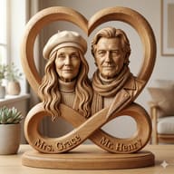 A detailed wooden sculpture of an elderly couple inside a heart, set on an infinity base with the names "Mrs. Grace" and "Mr. Henry." Features realistic textures and warm lighting.