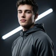 Hyper Realistic Young Man in Grey Hoodie AI Prompt. AI generated studio portrait of a young man wearing a textured grey zip-up hoodie against a dark backdrop with a diagonal neon tube light.