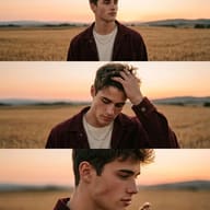 AI generated portrait series of a young man wearing a burgundy corduroy shirt posing in a golden wheat field at sunset, presented in three stacked panels showing him looking off-camera, adjusting his hair, and holding a dried flower.