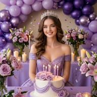 Woman Birthday Celebration Prompt. AI generated studio portrait of a smiling young woman wearing a tiara and glittery purple dress behind a birthday cake surrounded by purple balloons.