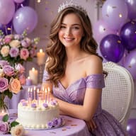 Woman in Purple Gown Celebrating Birthday AI Photo Editing Prompt. AI generated studio portrait of a smiling woman wearing a tiara and glittery purple gown next to a birthday cake and balloons.