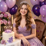 AI generated portrait of a smiling young woman in a sparkly purple gown and tiara celebrating with a floral cake, balloons, and confetti.