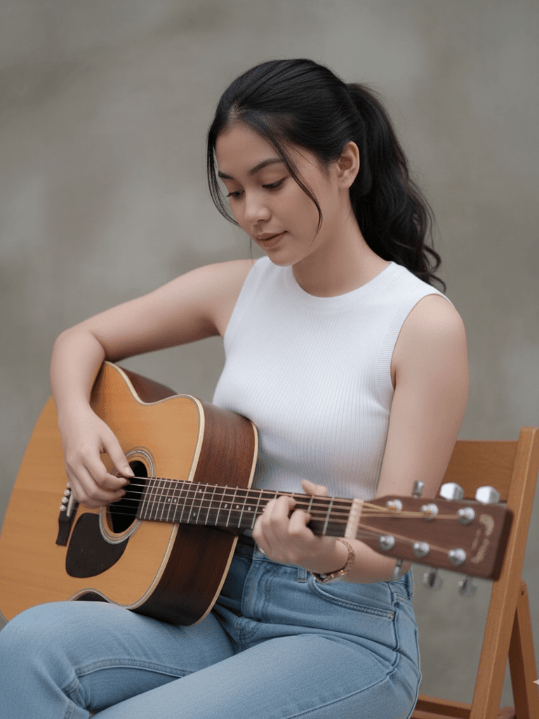 Woman plays acoustic guitar