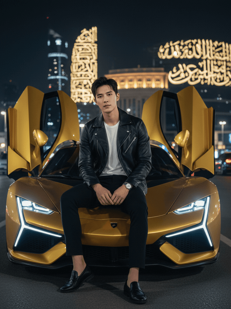Stylish man with golden supercar