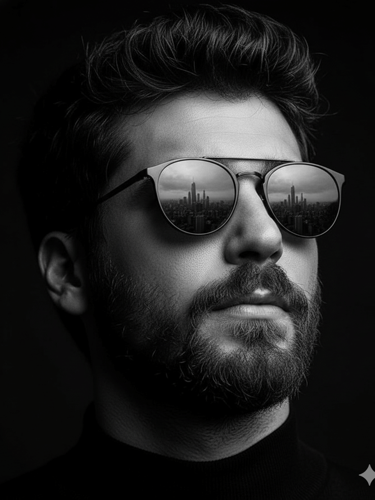 Reflective black-and-white portrait