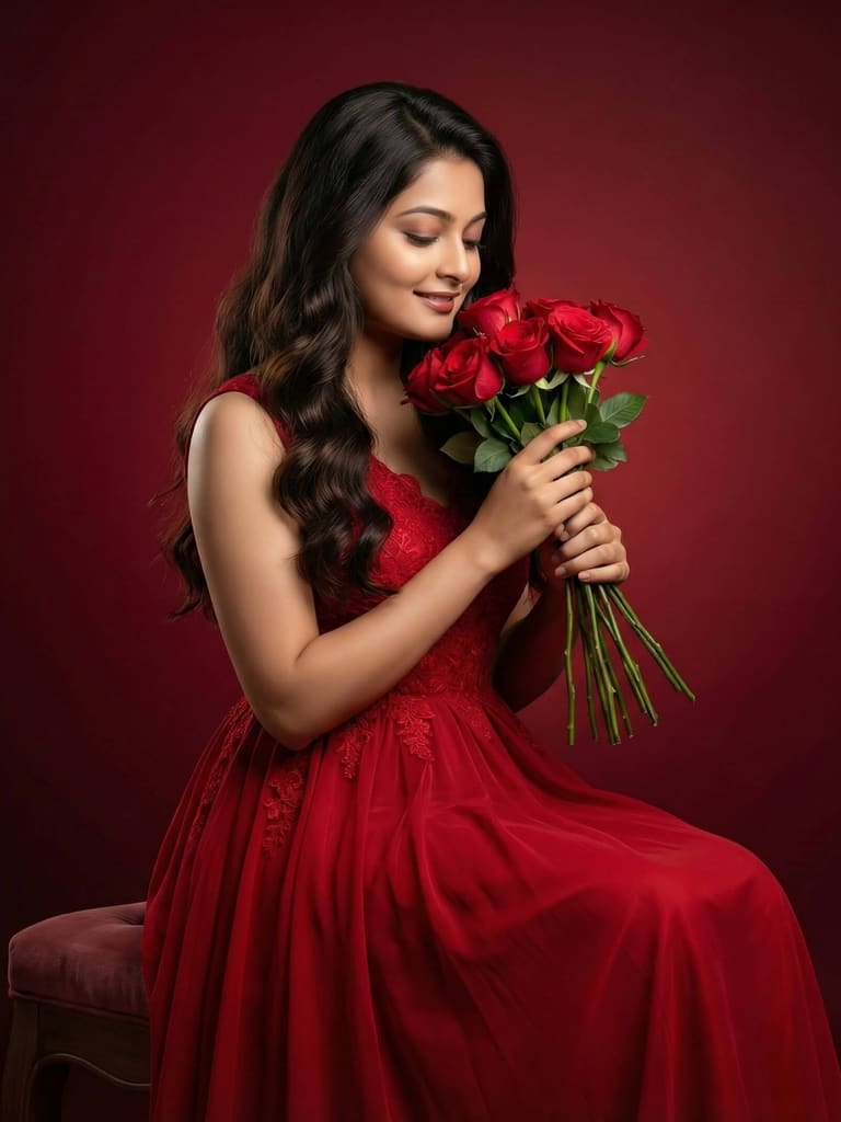 Smiling woman in red gown