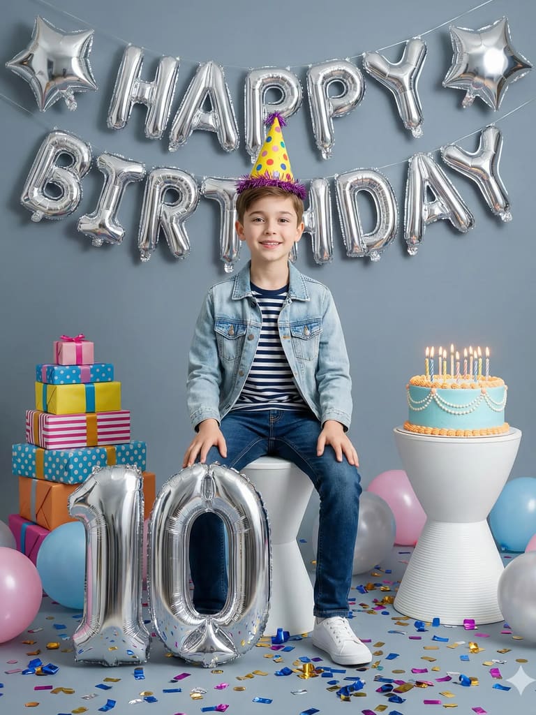 Birthday Boy with Cake and Gifts
