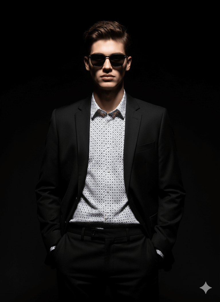 Confident man in suit and shadows