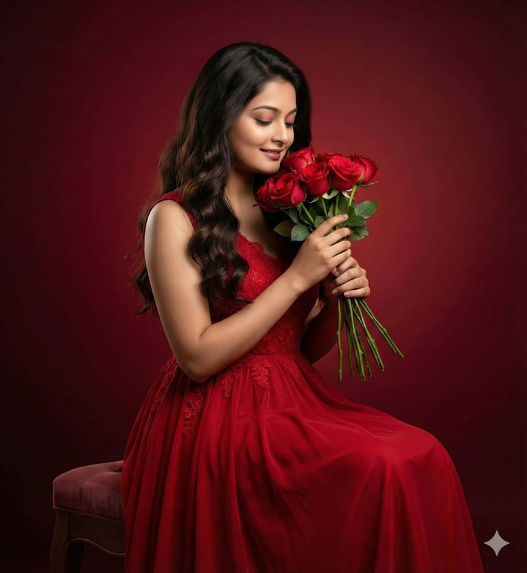 Smiling woman in red gown