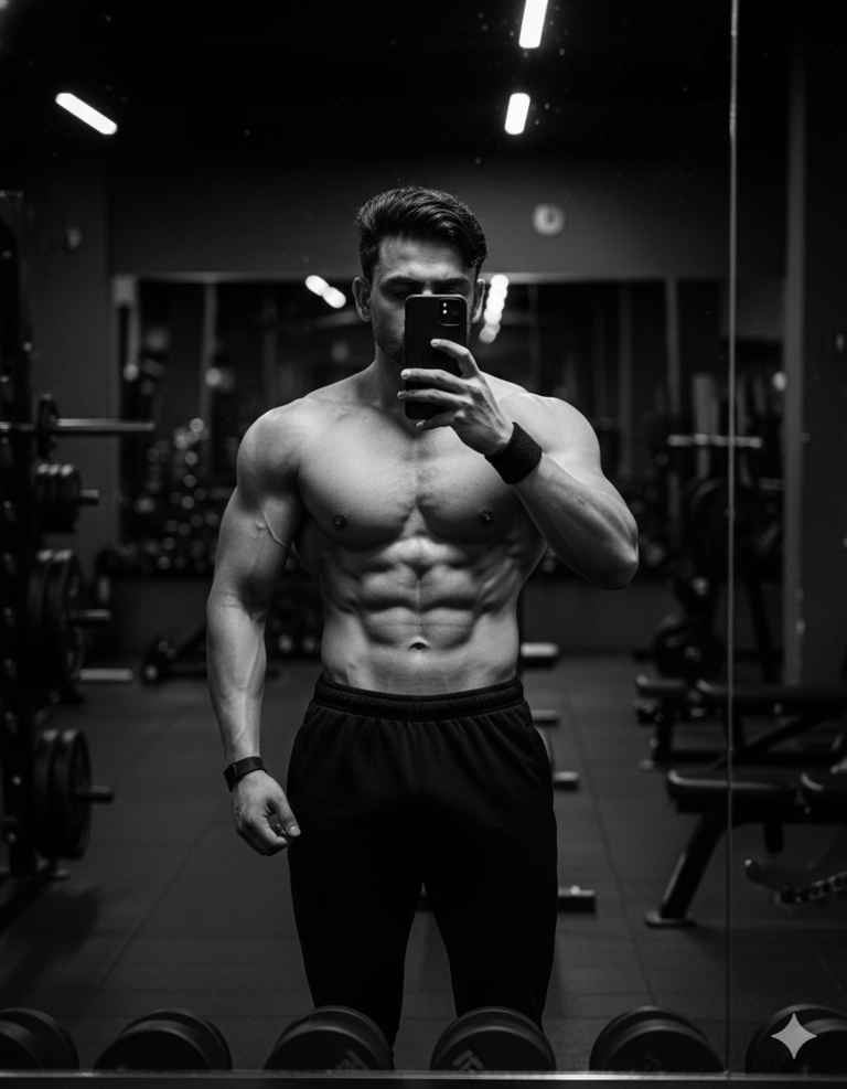 Muscular man takes selfie